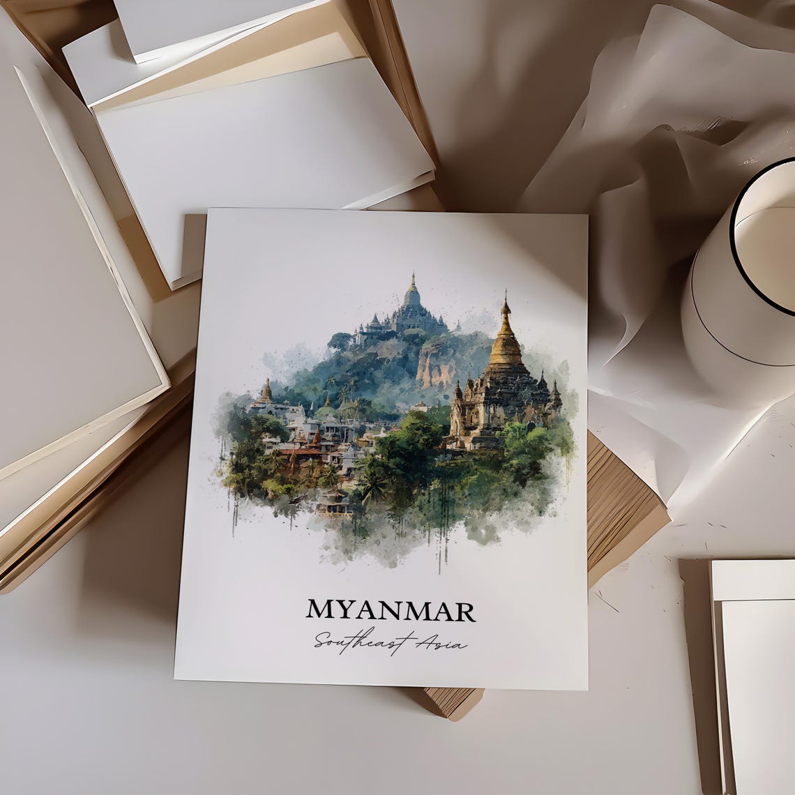 Myanmar Southeast Asia Ancient Temples Jungle Watercolor Travel Poster - Image 3