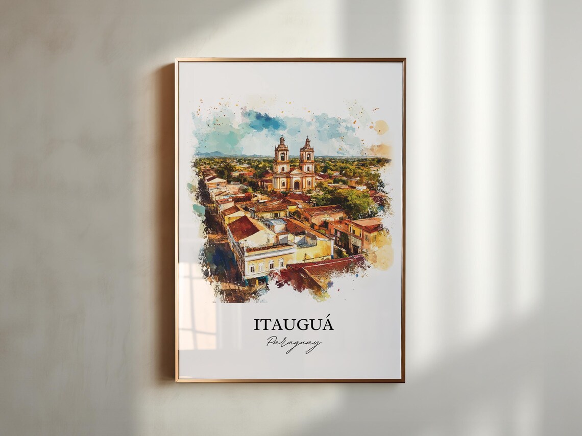 Itauguá Paraguay Watercolor Aerial Town Church Towers Poster - Image 6