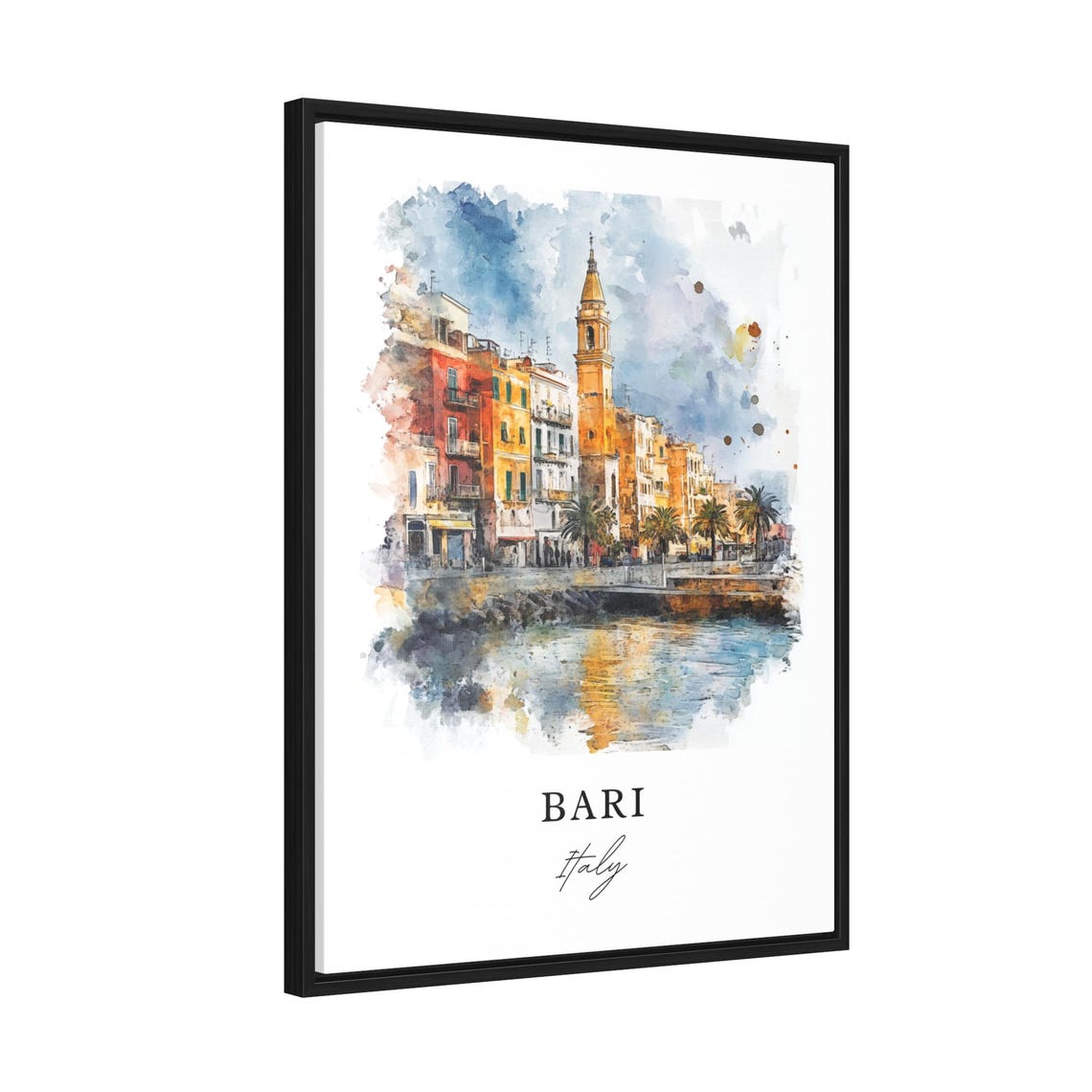 Bari Italy Watercolor Waterfront Palms Church Tower Puglia Poster - Image 2