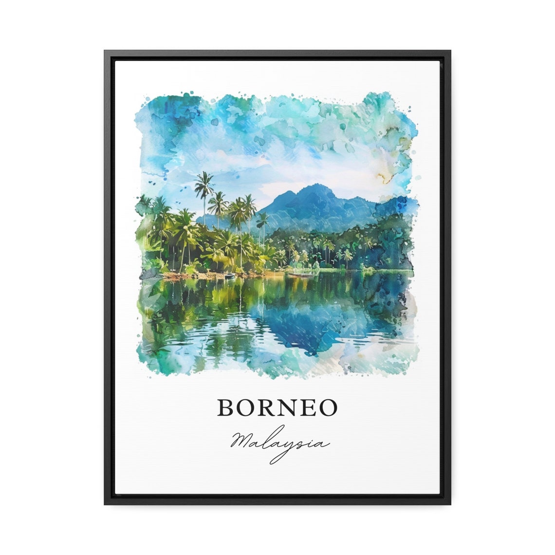 Borneo Malaysia Tropical Palms Lake Watercolor Island Travel Poster - Image 3