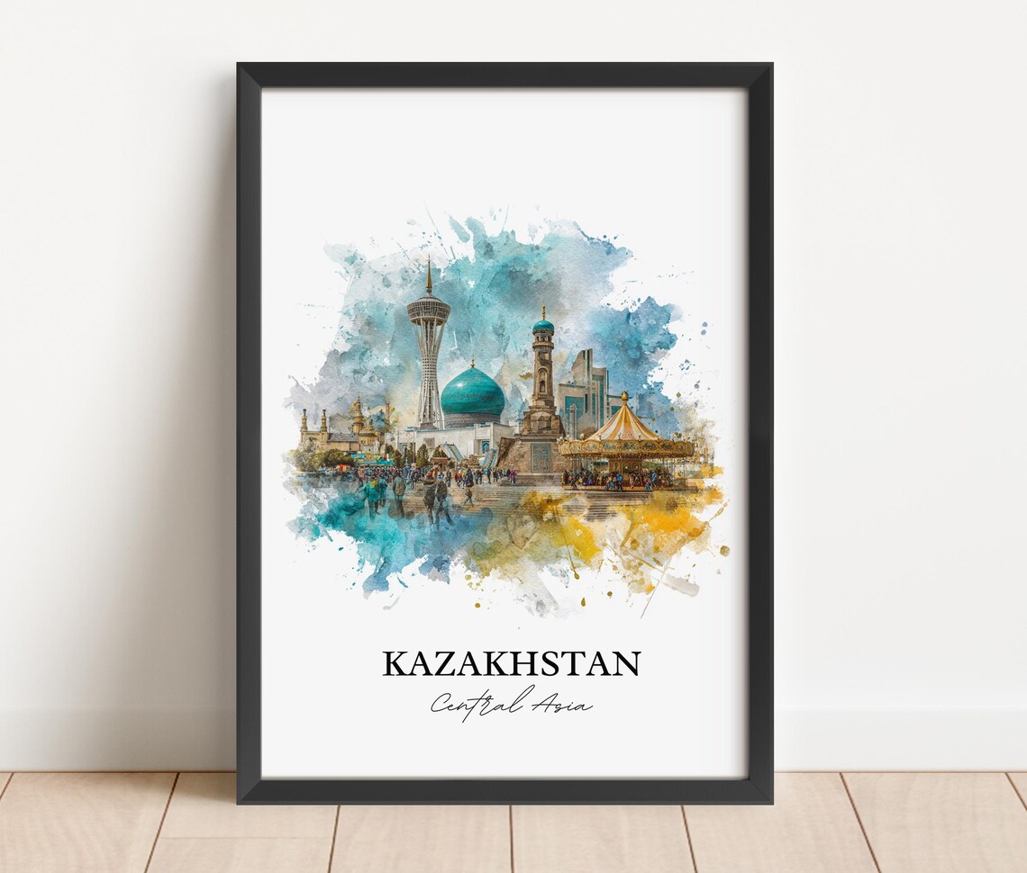 Kazakhstan Central Asia Watercolor Skyline Landmark Travel Poster - Image 2