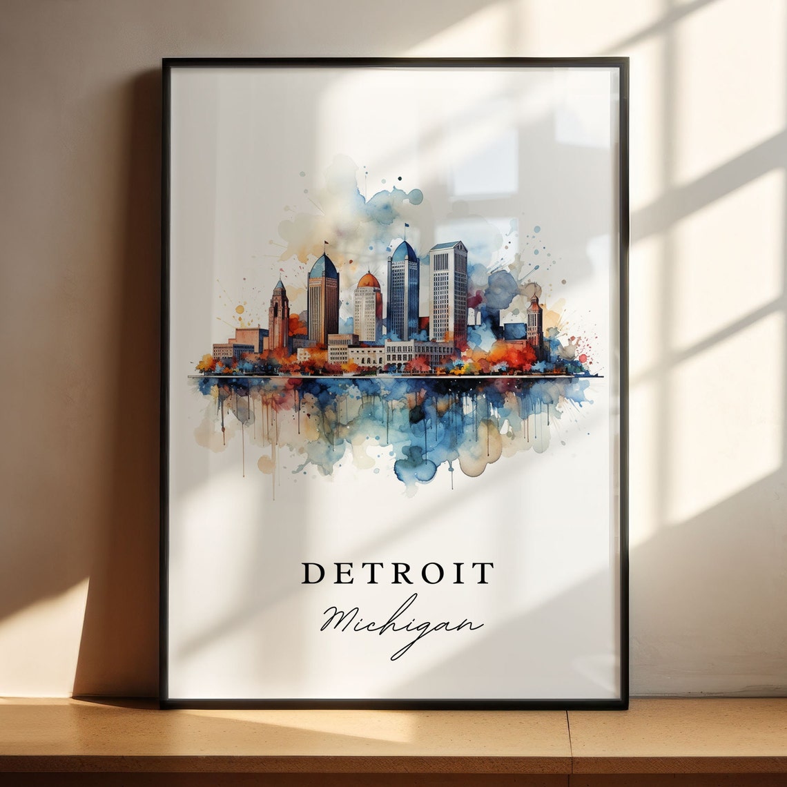 Detroit Michigan Downtown Skyline Watercolor Drip Splash Art Poster