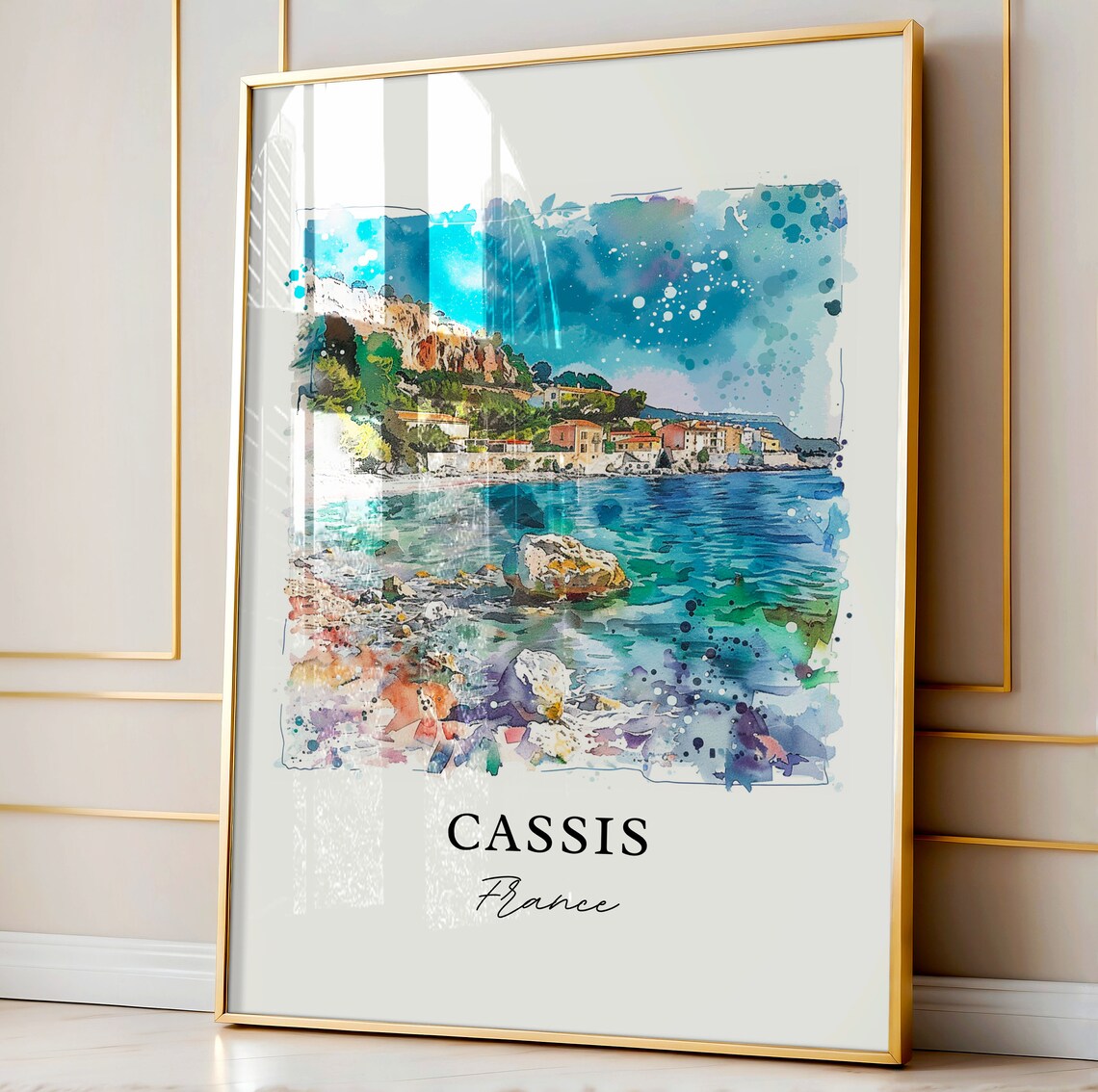 Cassis France Watercolor Rocky Coastline Turquoise Sea Poster - Image 4