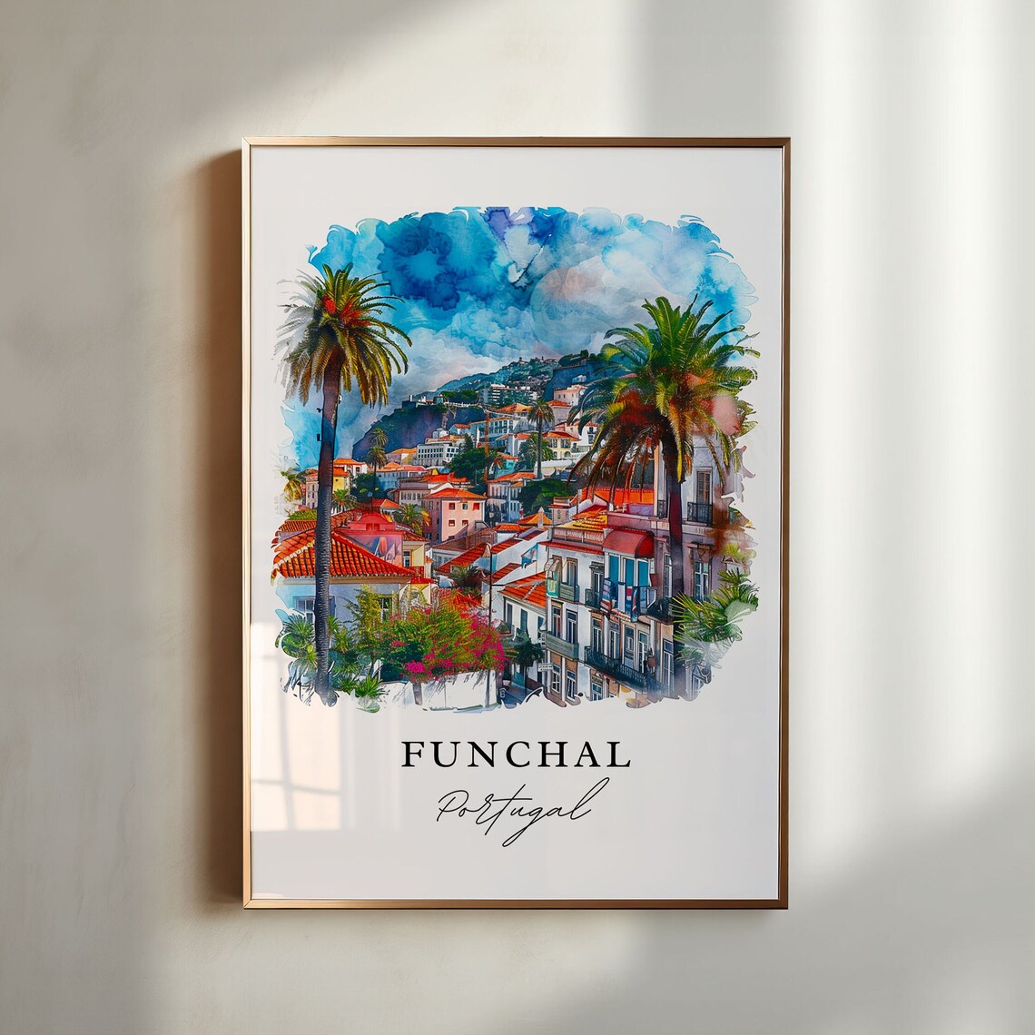 Funchal Portugal Palm Hillside City Watercolor Madeira Travel Poster
