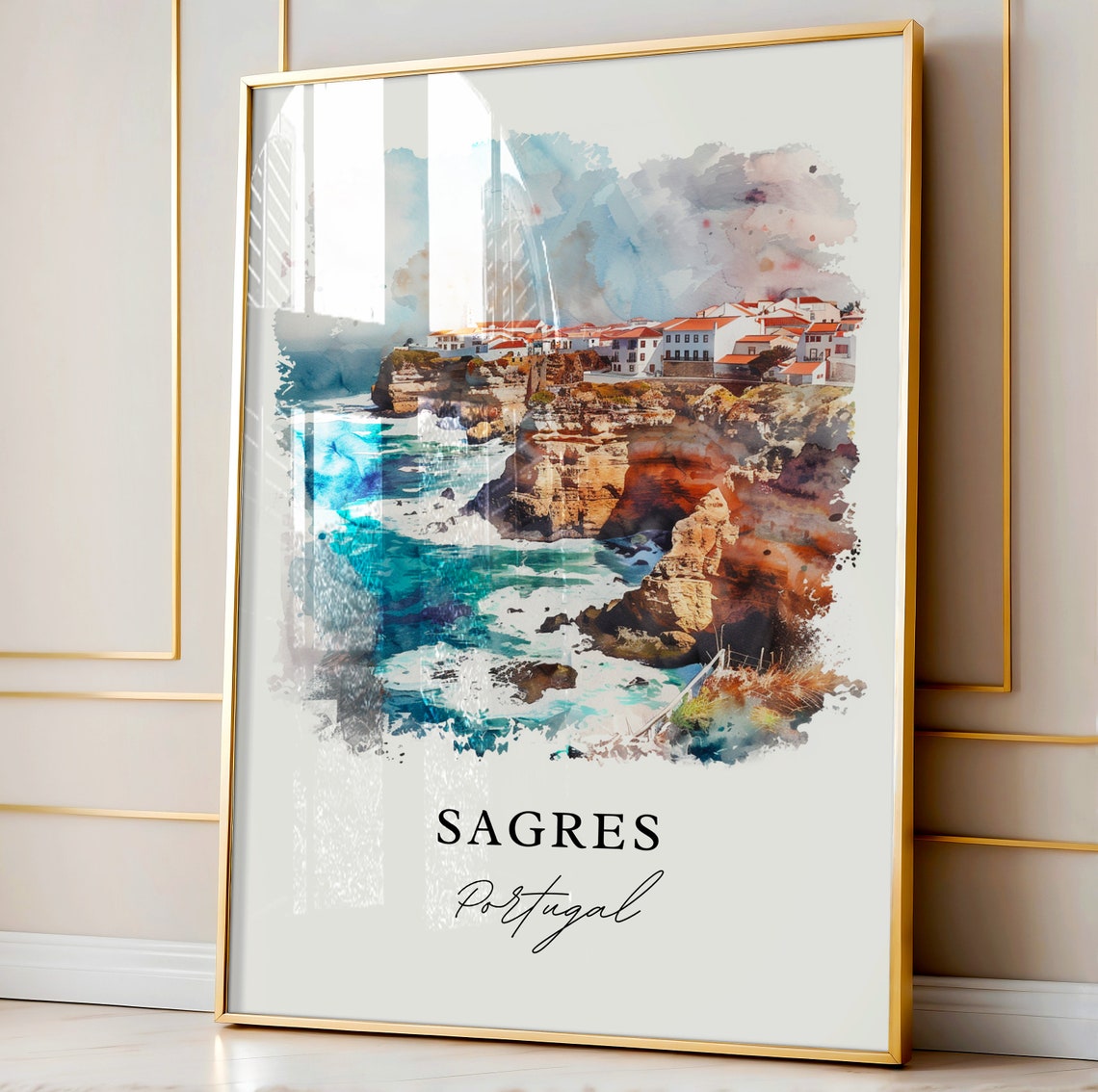 Sagres Portugal Watercolor Cliffs Crashing Waves Village Poster - Image 4