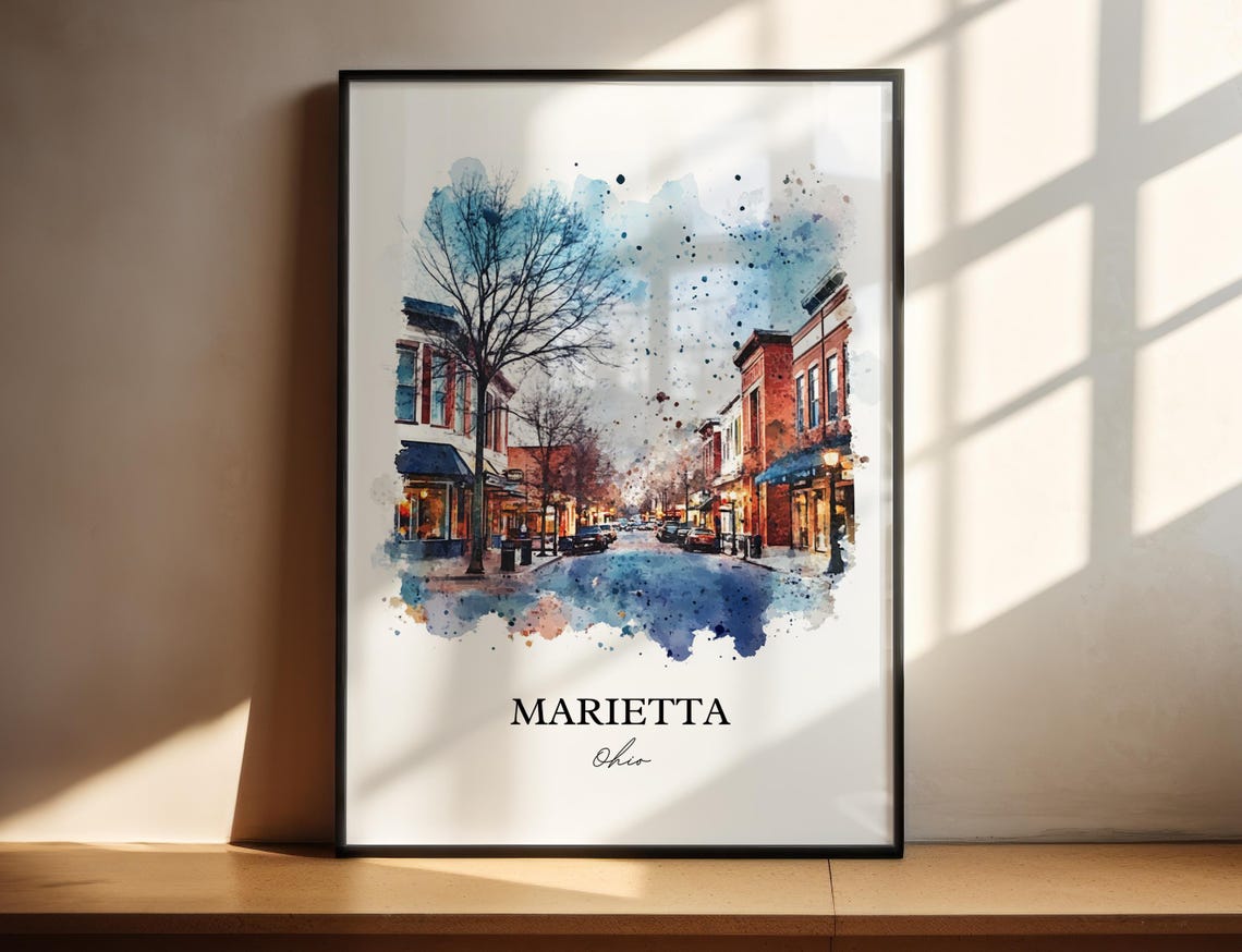 Marietta Ohio Watercolor Evening Downtown Main Street Poster