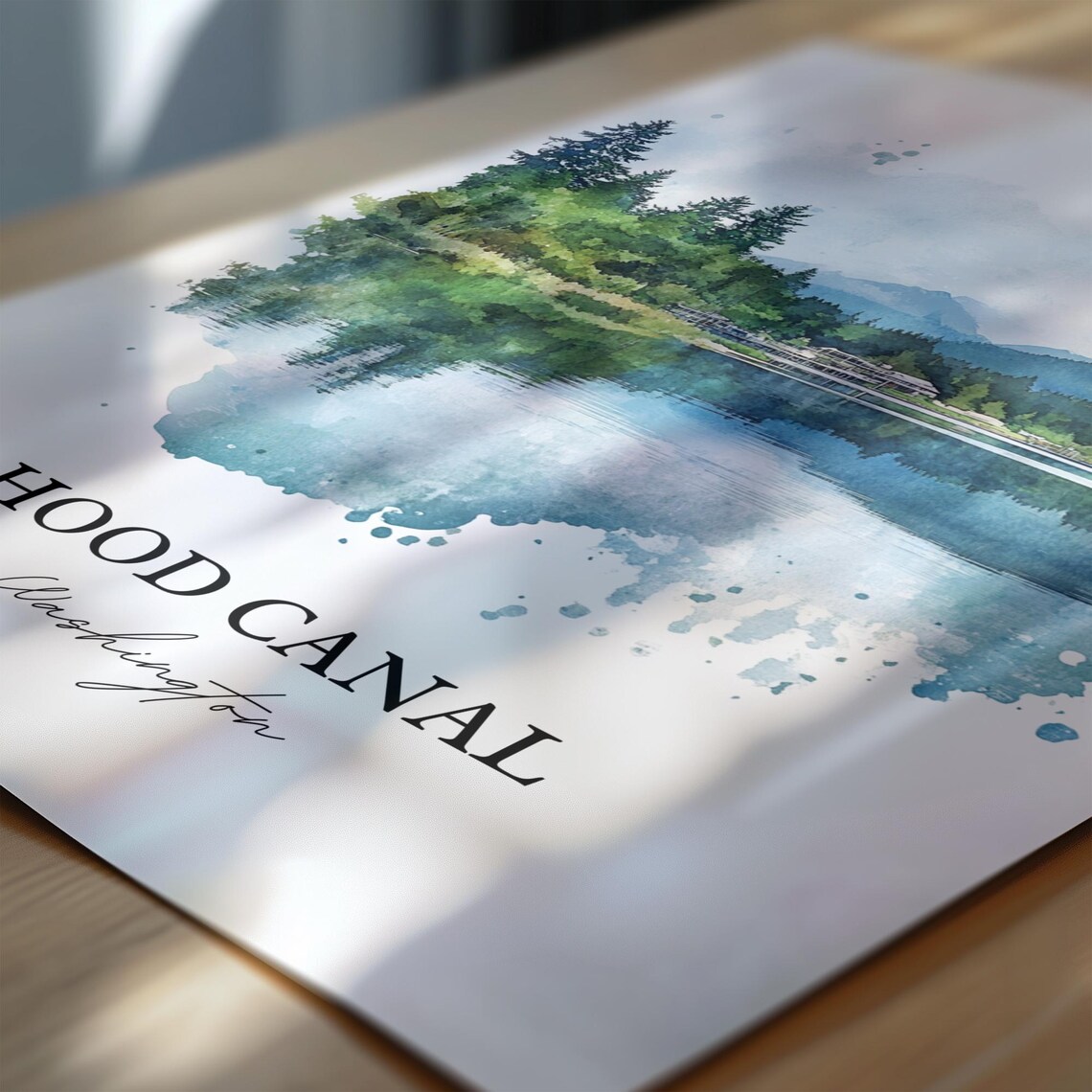 Hood Canal Washington Watercolor Calm Water Pine Scene Poster - Image 3