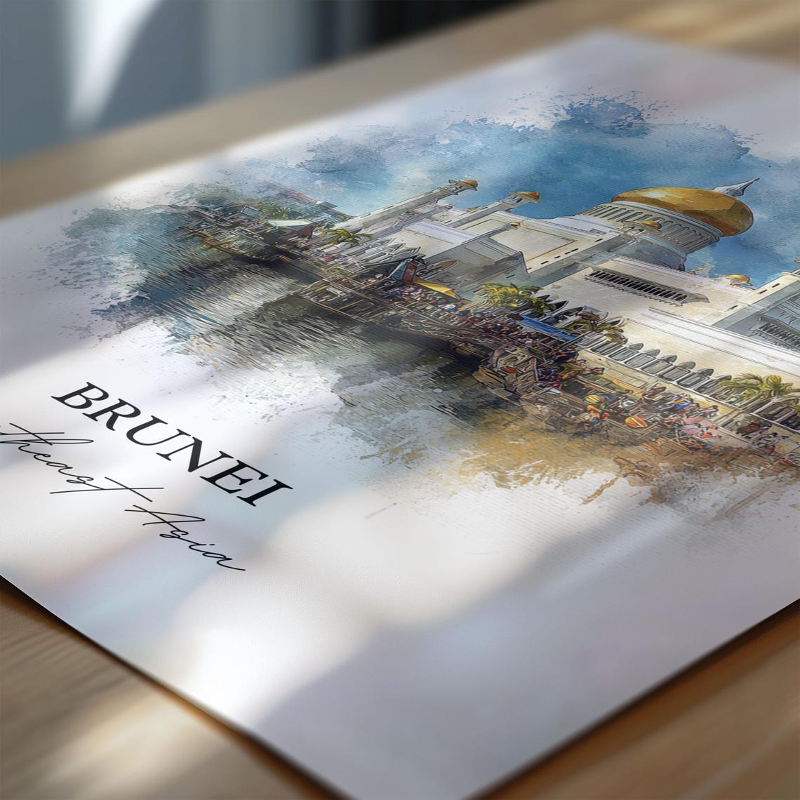 Brunei Southeast Asia Golden Dome Mosque Waterfront Watercolor Poster - Image 6