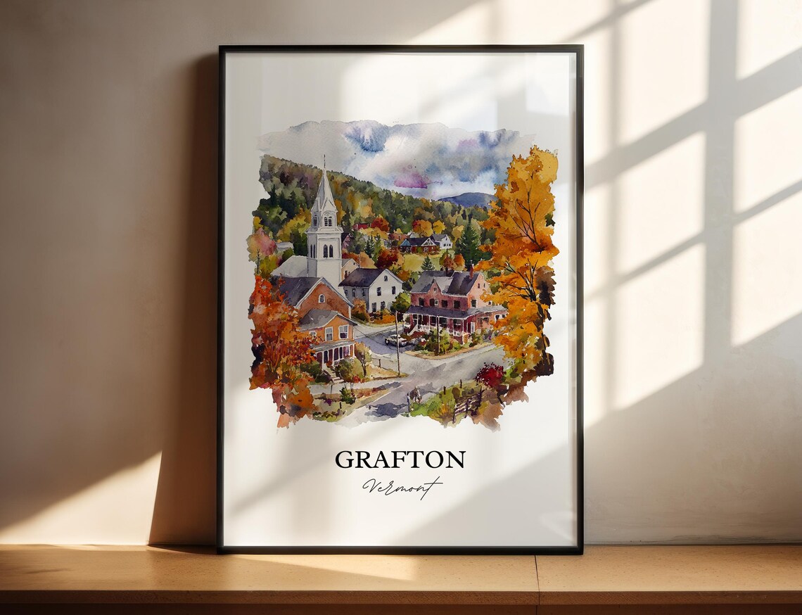 Grafton Vermont Village Church Autumn Foliage Watercolor Travel Poster