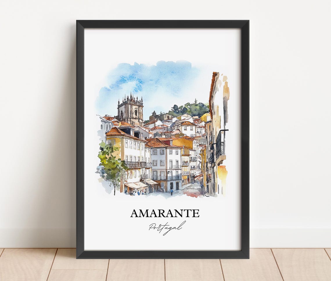 Amarante Portugal Watercolor Hillside Old Town Church Tower Poster - Image 2