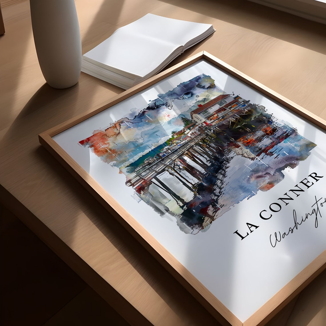 La Conner Washington Waterfront Pier Harbor Watercolor Poster - Image 5