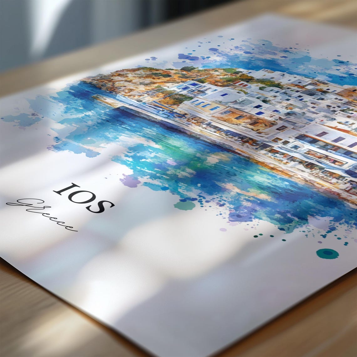 Ios Greece White Village Blue Harbor Watercolor Travel Poster - Image 6