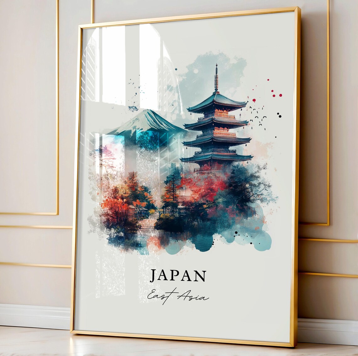 Japan Watercolor Art Mount Fuji Pagoda Autumn Foliage Poster - Image 3
