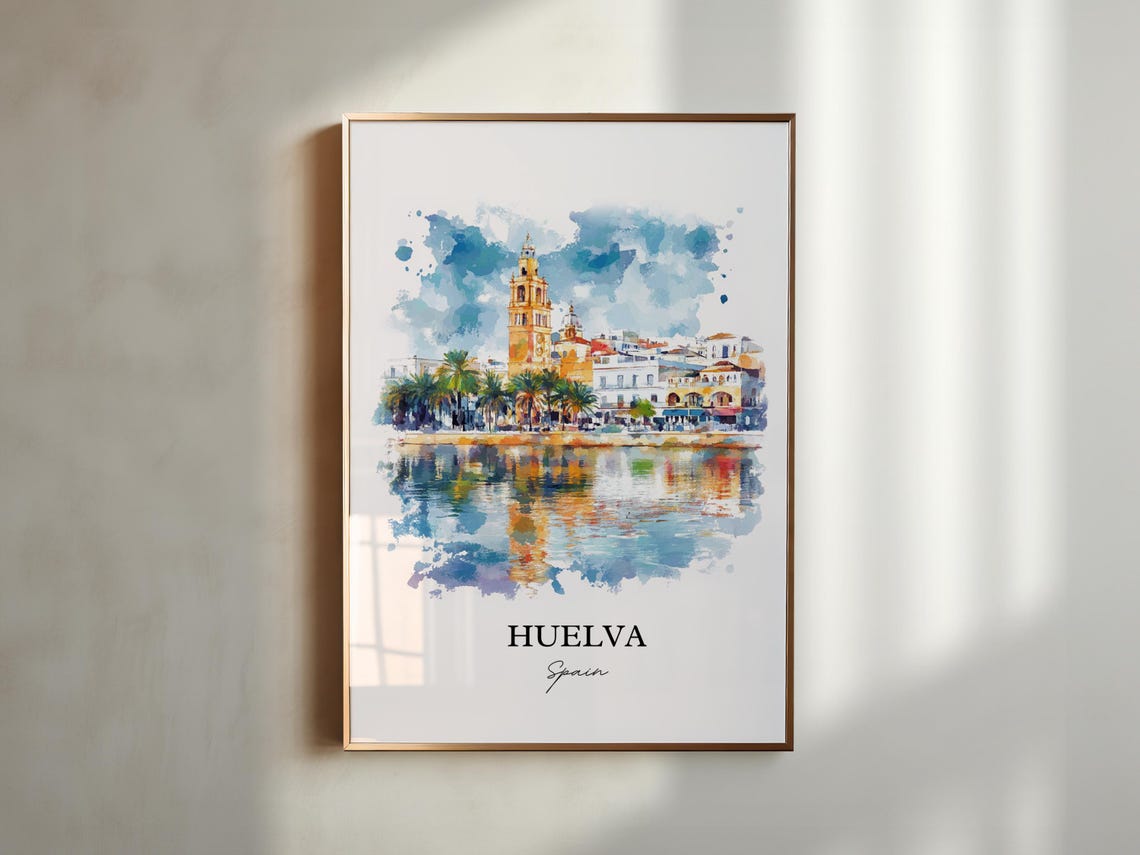 Huelva Spain Waterfront Palms Bell Tower Watercolor Travel Poster - Image 5