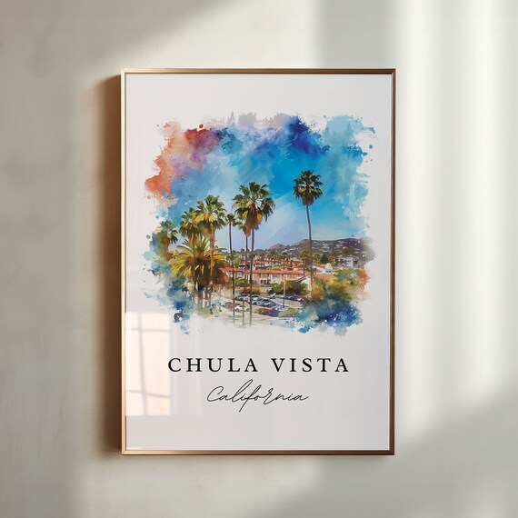Chula Vista California Palm Tree Town Watercolor Travel Poster
