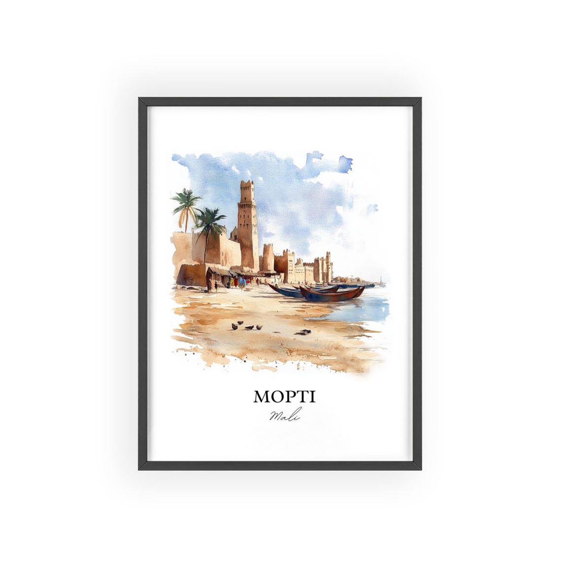 Mopti Mali Riverside Mosque Boats Watercolor Scene Art Poster - Image 2