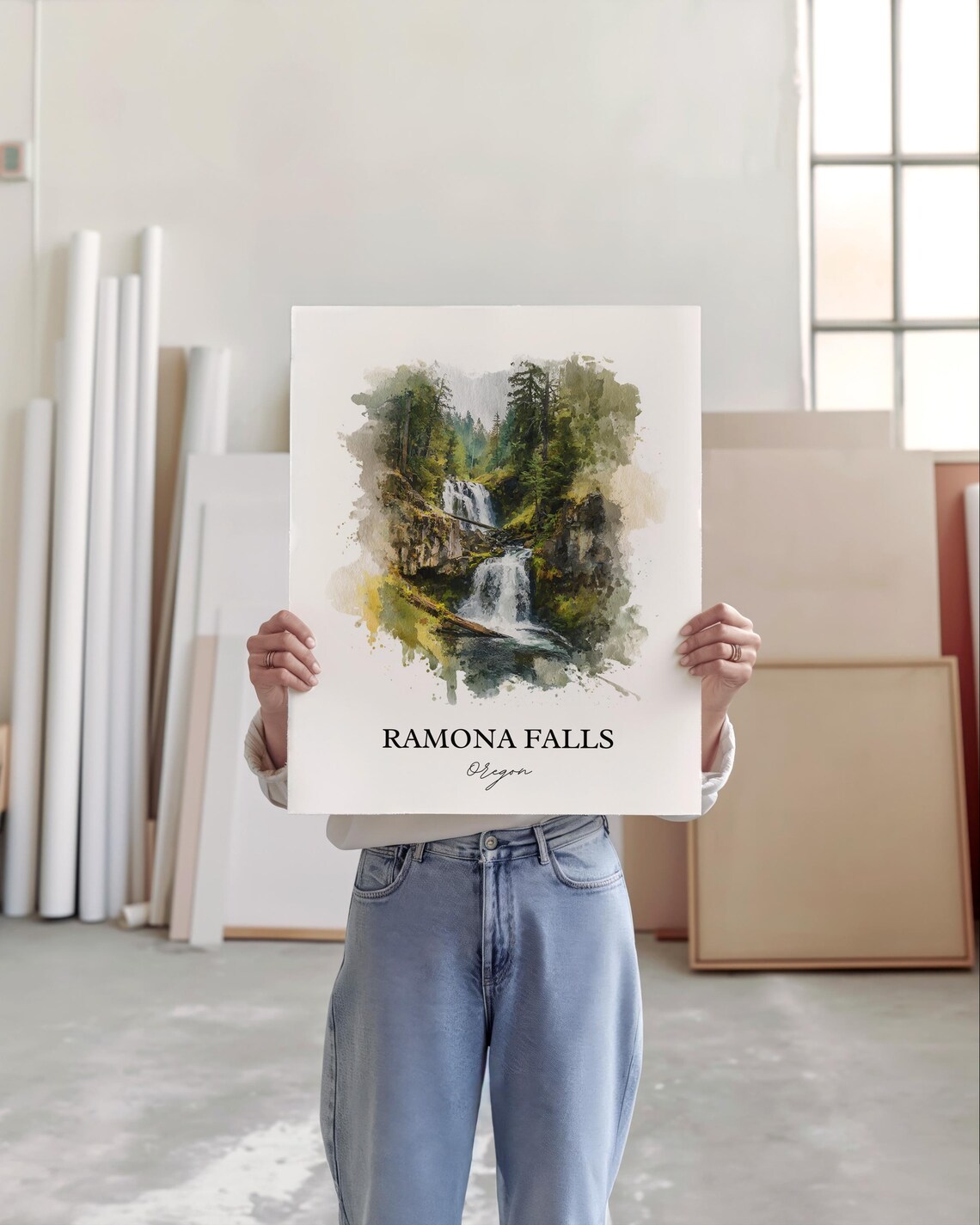 Ramona Falls Oregon Mount Hood Forest Waterfall Watercolor Poster - Image 4
