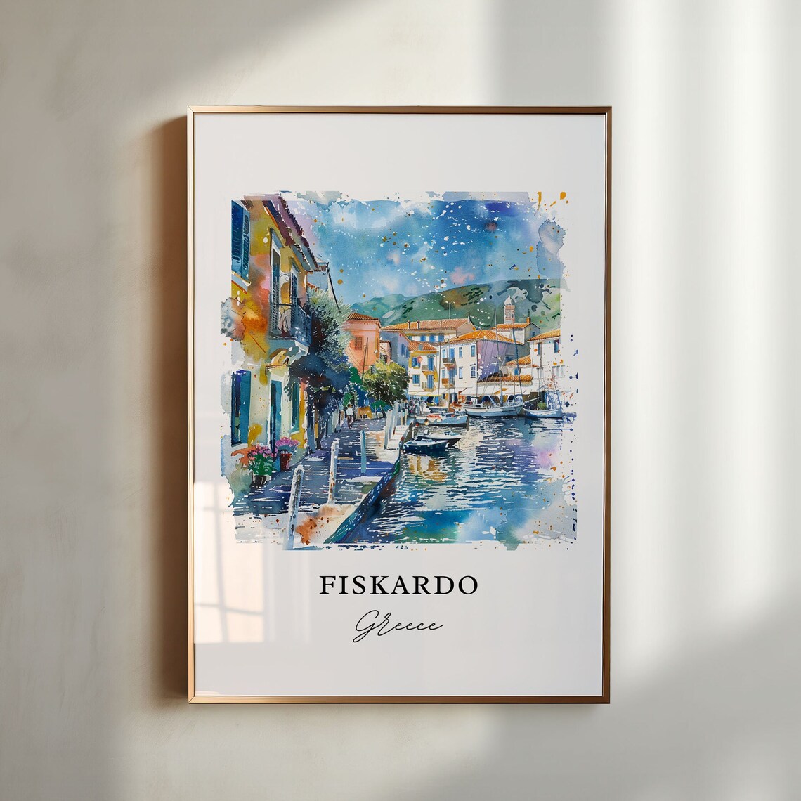 Fiskardo Greece Colorful Harbor Street Watercolor Travel Poster
