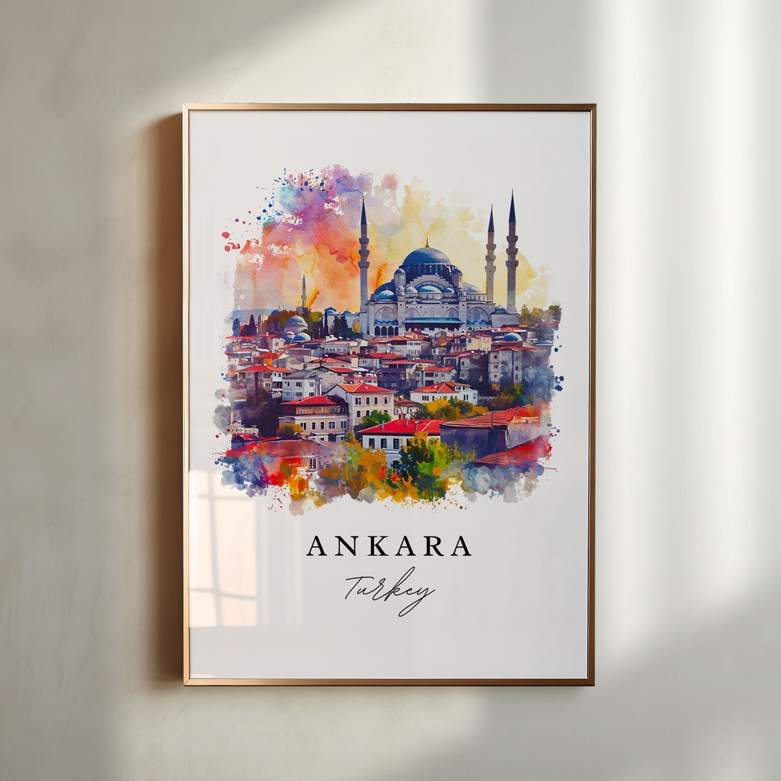 Ankara Turkey Watercolor Mosque Minarets Red Rooftops Art Poster
