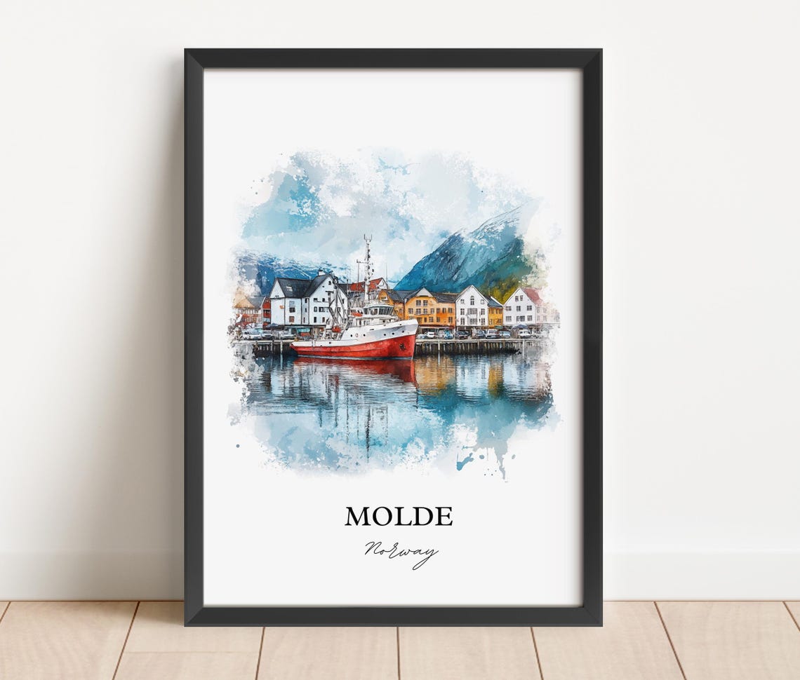 Molde Norway Watercolor Harbor Ship Mountain View Travel Poster - Image 2
