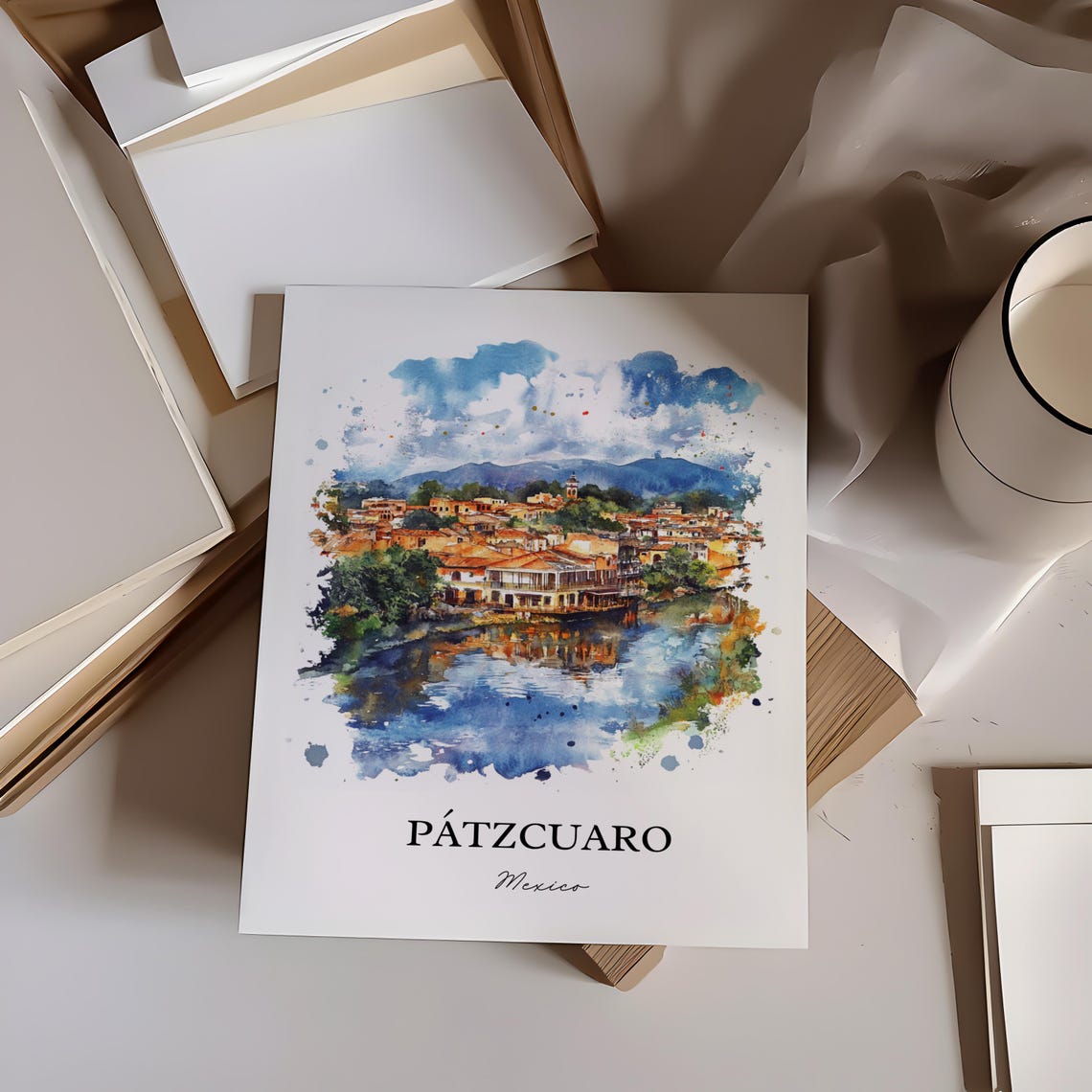 Patzcuaro Mexico Watercolor Lakeside Town Reflection Mountains Poster - Image 2