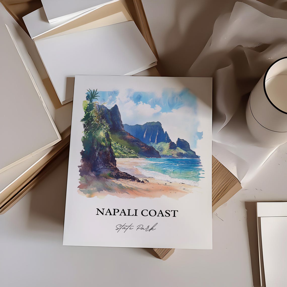 Napali Coast State Park Hawaii Green Sea Cliffs Cove Watercolor Poster - Image 2
