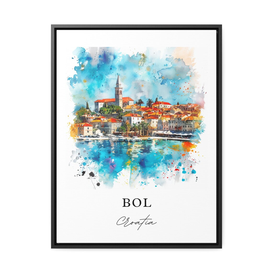 Bol Croatia Coastal Marina Bell Tower Watercolor Island Poster - Image 3
