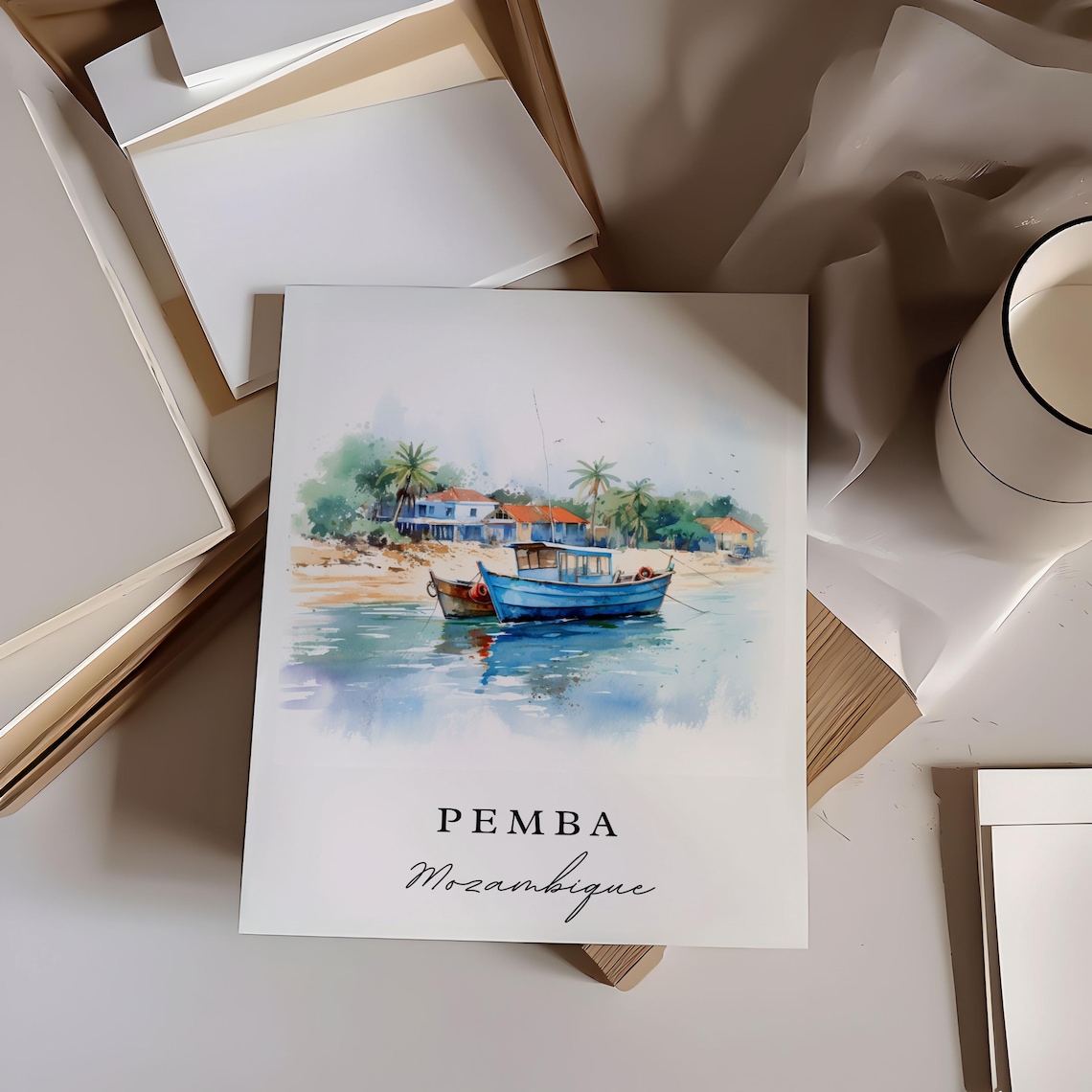Pemba Mozambique Watercolor Of Fishing Boat On Quiet Shore Poster - Image 2