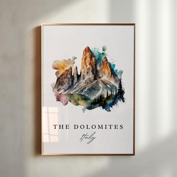 Dolomites Watercolor Italy Travel Poster, Wall Art Print