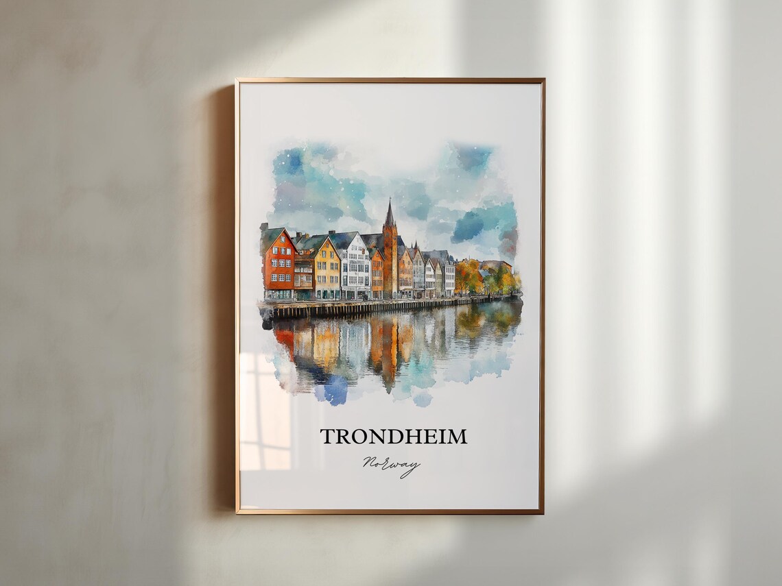Trondheim Norway Watercolor Colorful Wharf Buildings River View Poster - Image 2