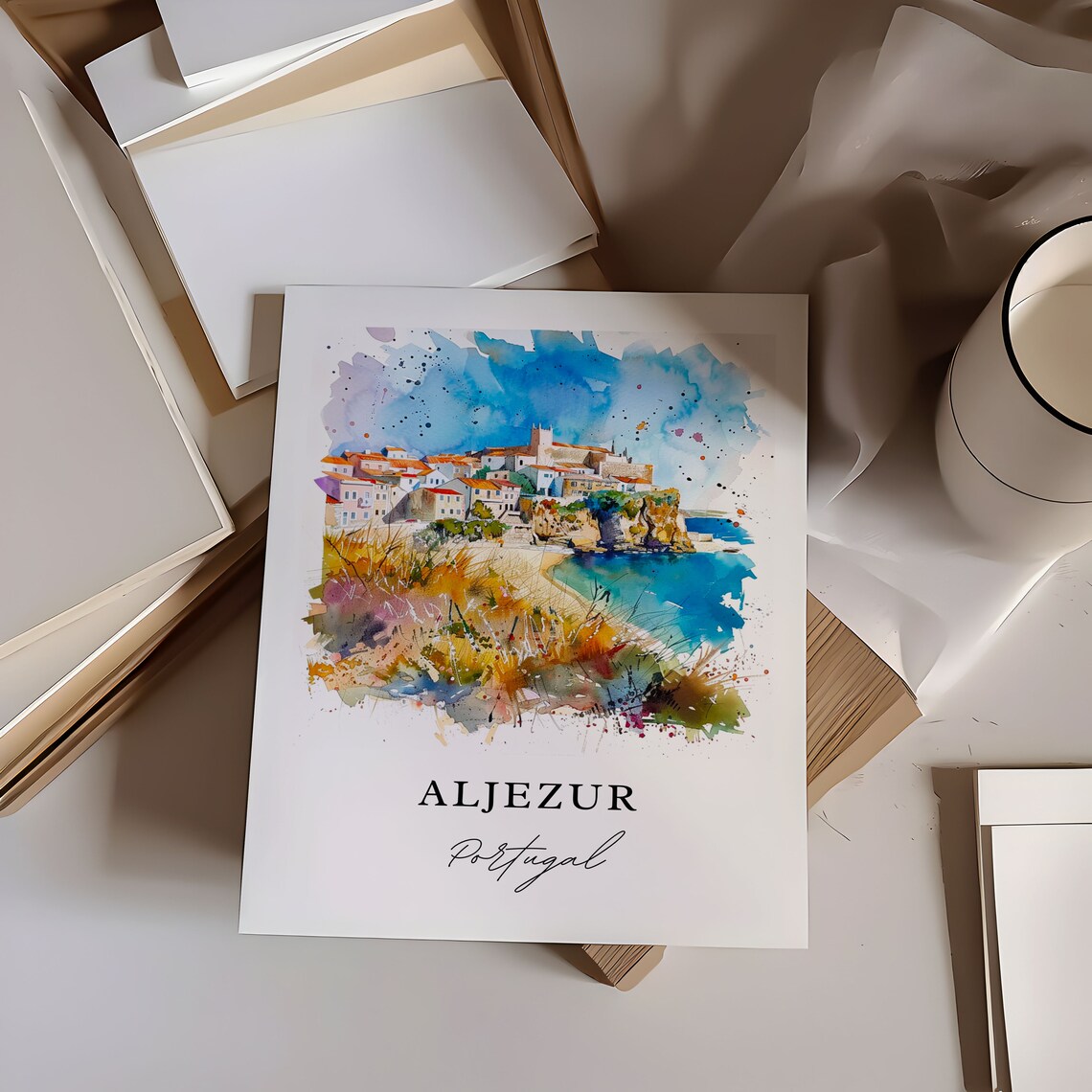 Aljezur Portugal Cliffside Old Town Watercolor Coastal Travel Poster - Image 6