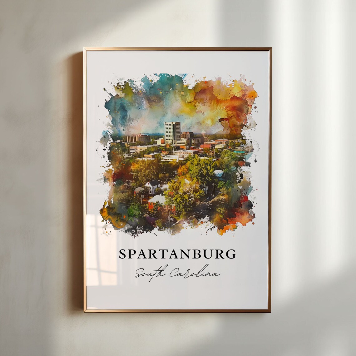Beautiful Spartanburg South Carolina Watercolor Skyline Poster