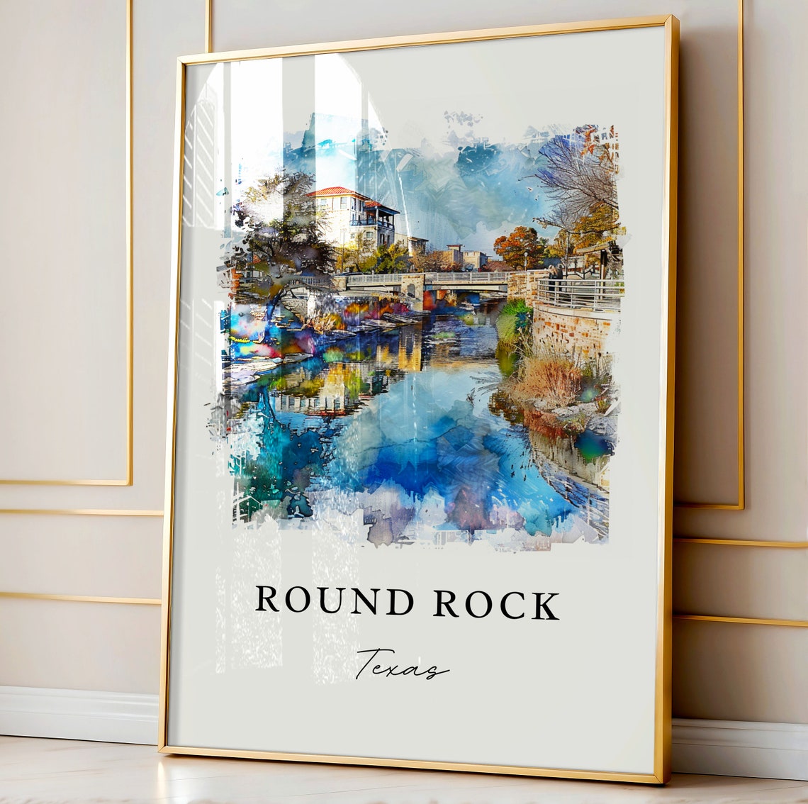 Round Rock Texas Watercolor Creek Bridge Reflection Scene Poster - Image 3