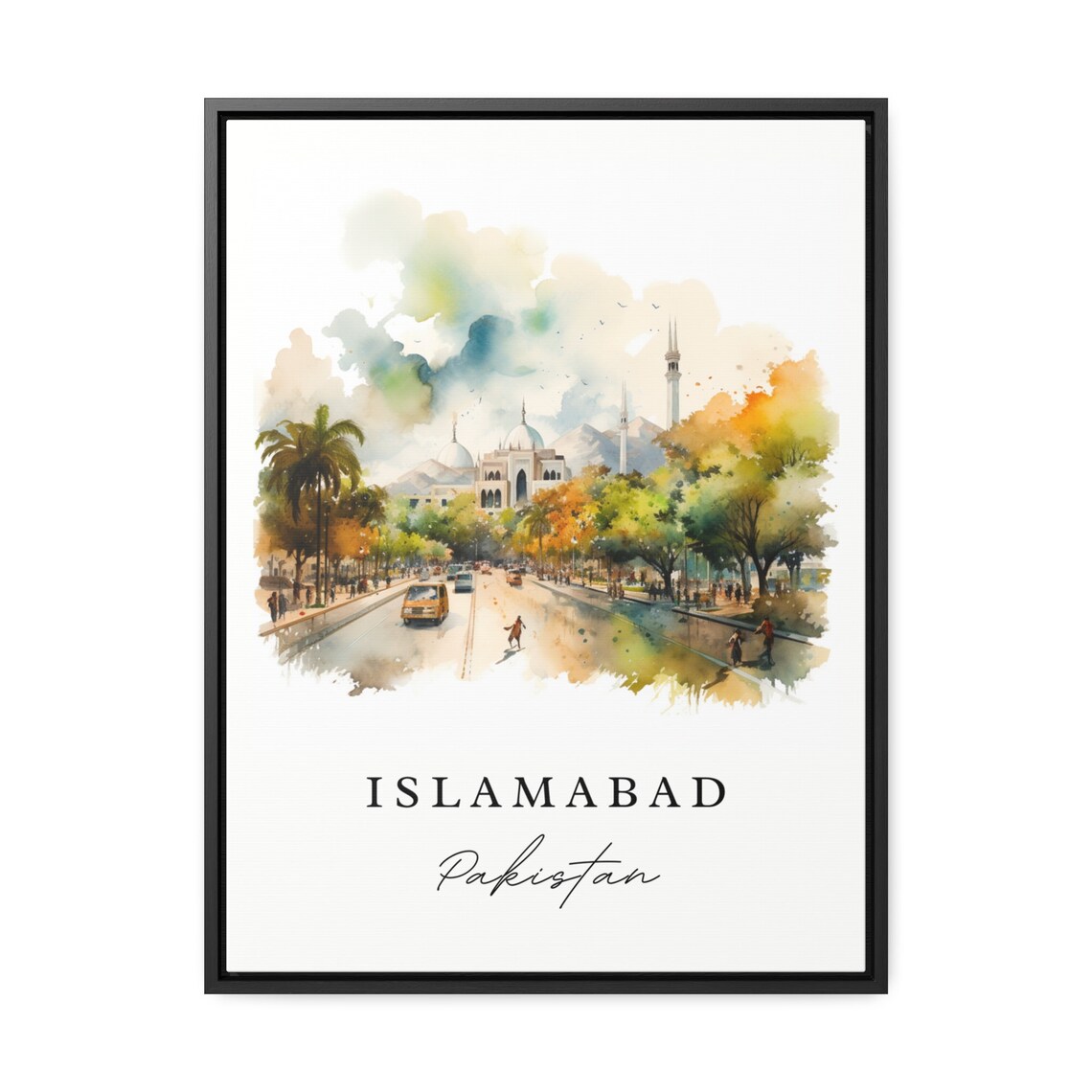 Islamabad Pakistan Watercolor Tree Lined Street Mosque Travel Gift Poster - Image 3