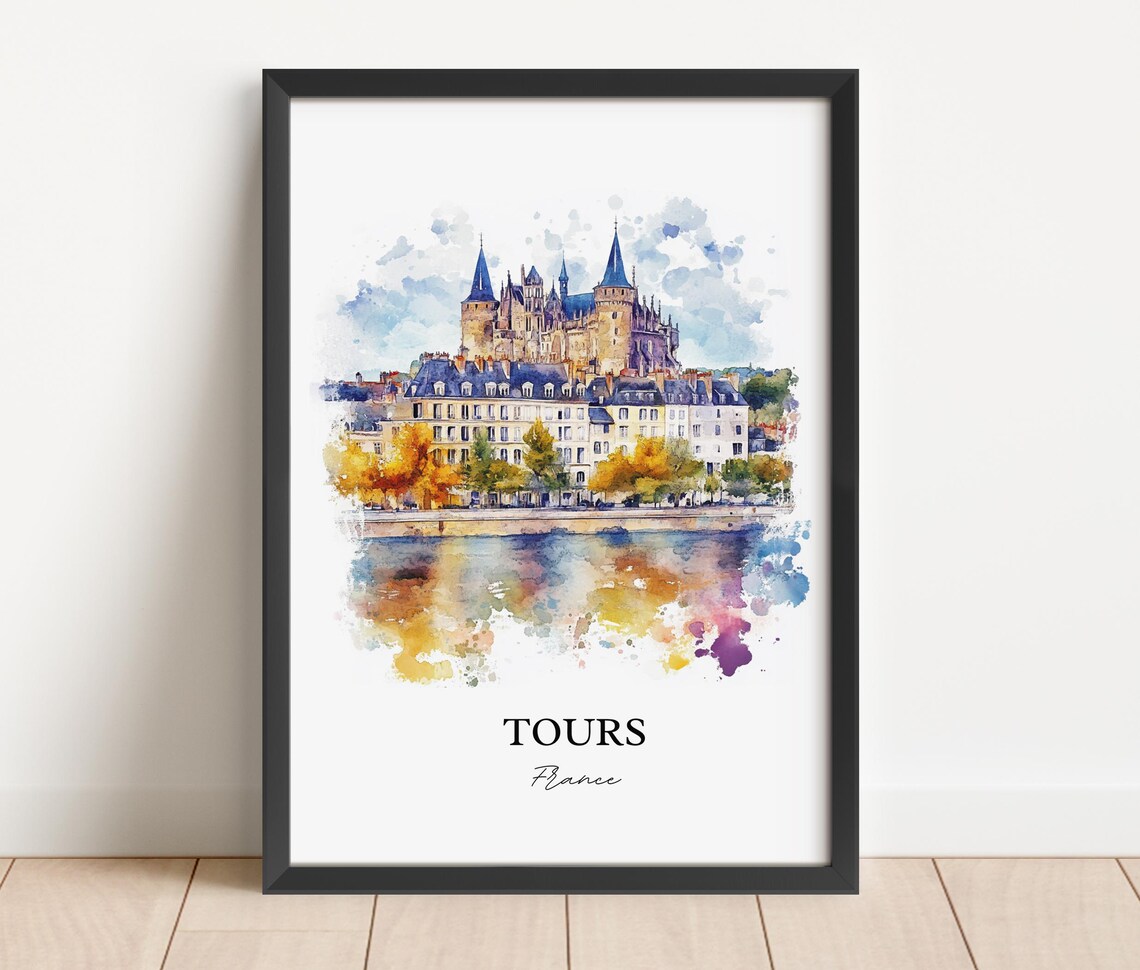 Tours France Riverside Basilica Reflection Watercolor Travel Poster - Image 2