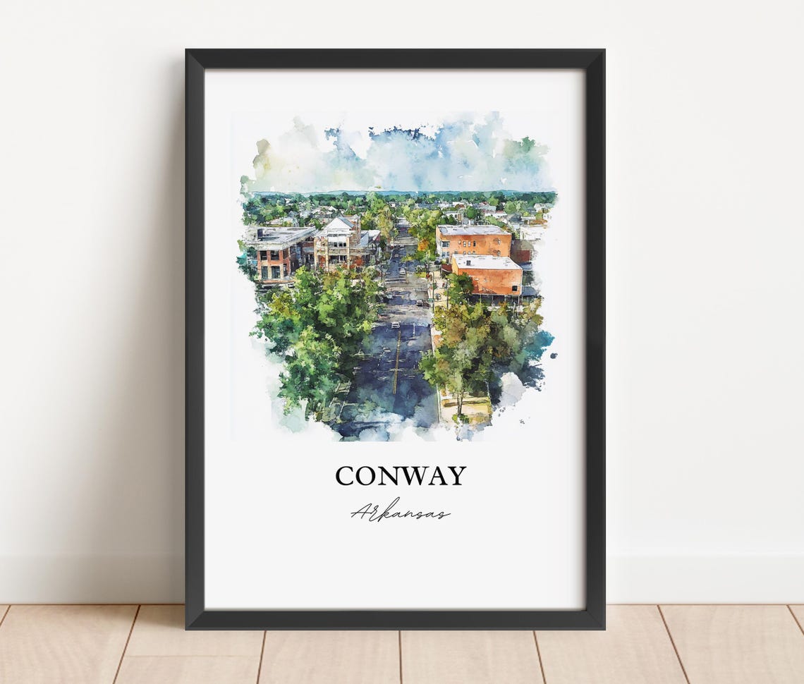 Conway Arkansas Tree Lined Street Aerial Watercolor Travel Poster - Image 3