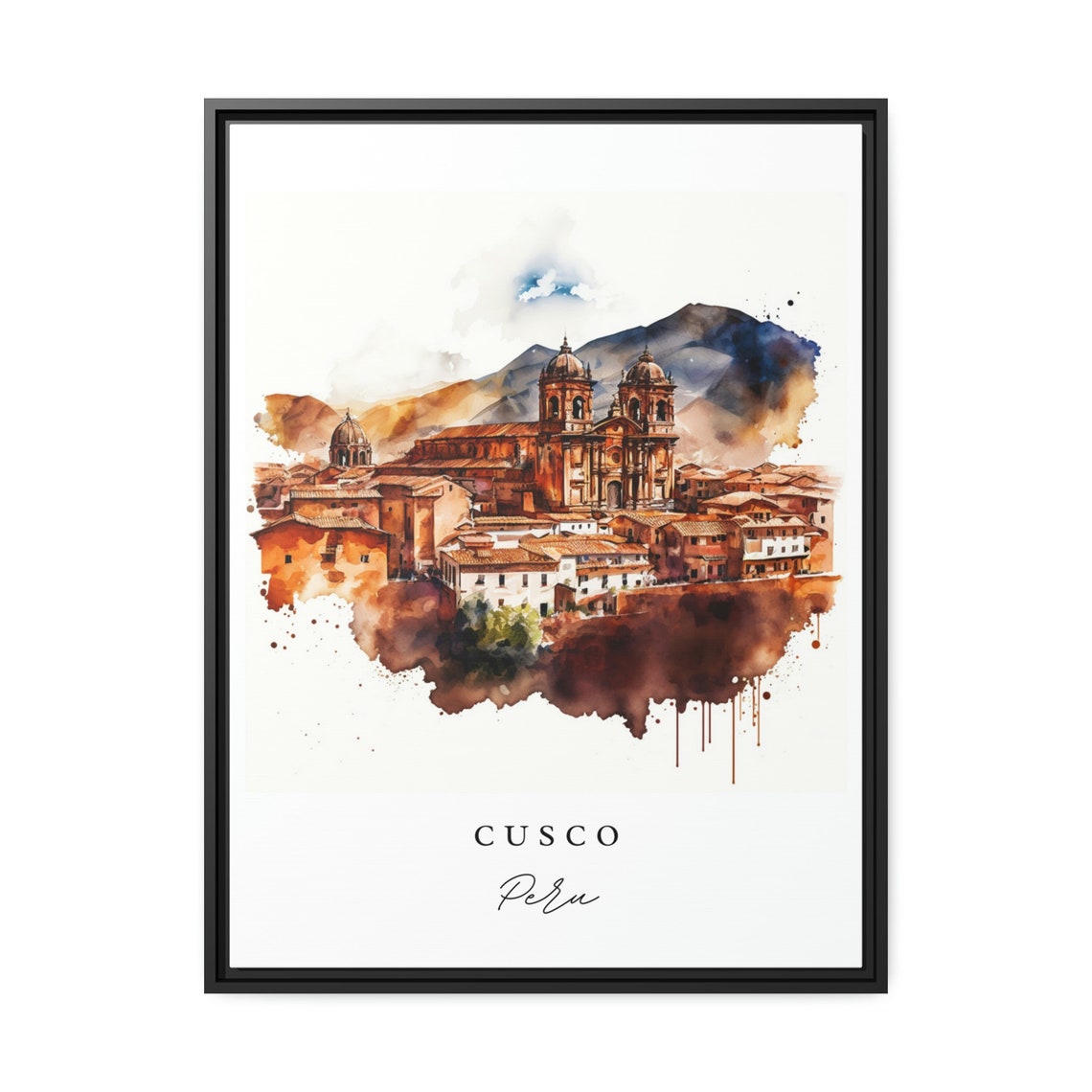 Cusco Peru Historic Old Town Twin Church Towers Watercolor Poster - Image 3