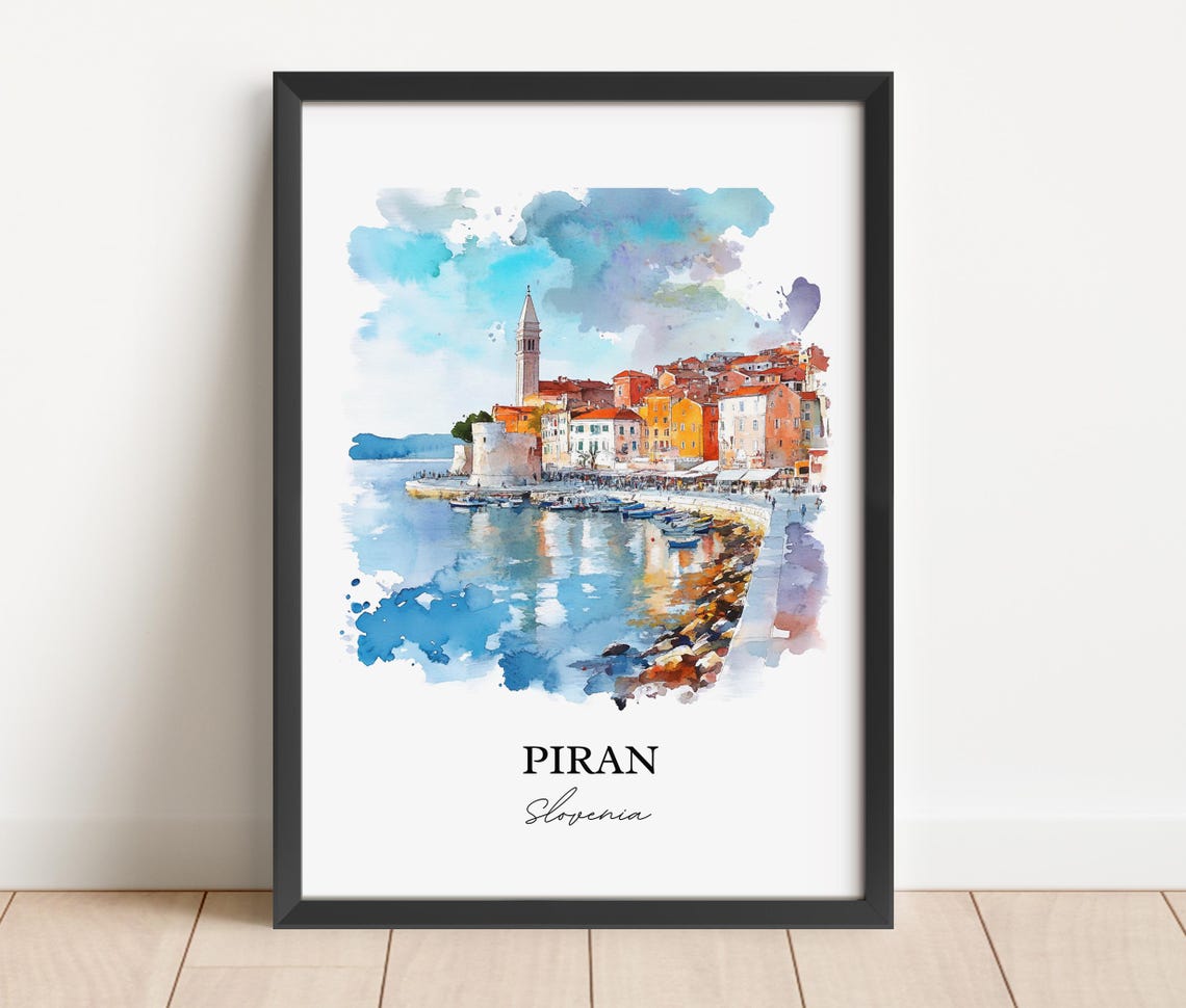 Piran Slovenia Watercolor Coastal Old Town Bell Tower Harbor Poster - Image 2