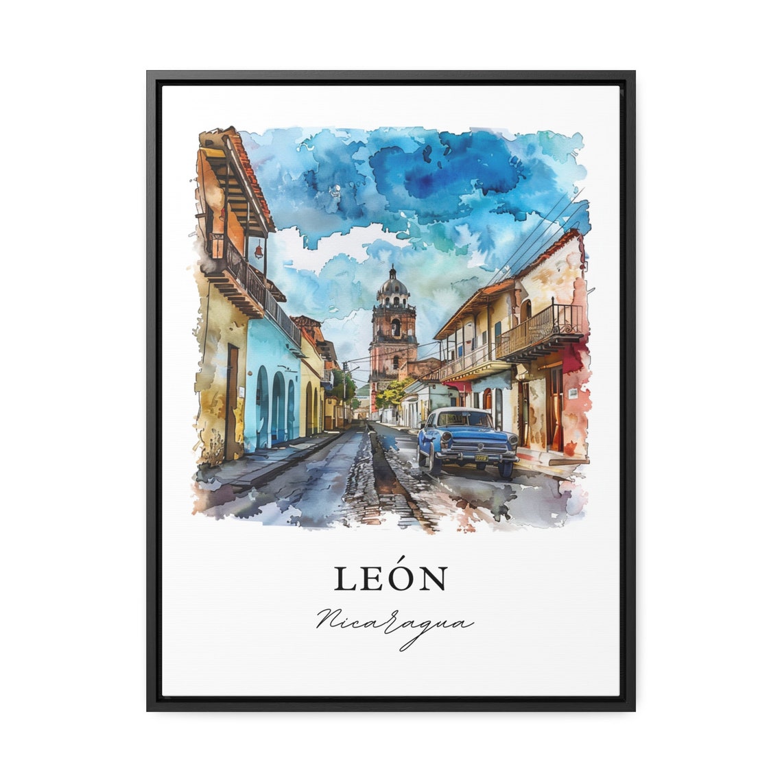 Leon Nicaragua Colonial Street Watercolor Old Town Church Poster - Image 3