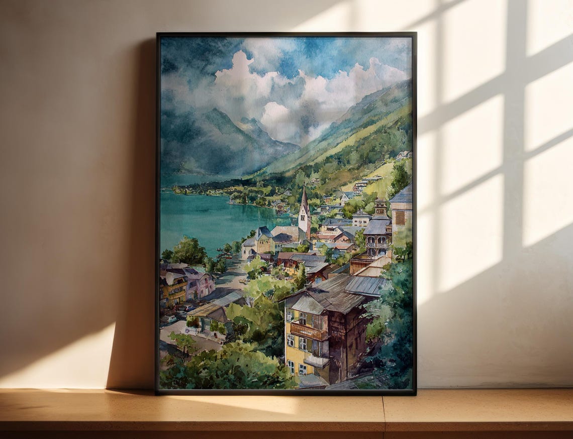 Charming Alpine Lakeside Village Watercolor Mountain View Poster
