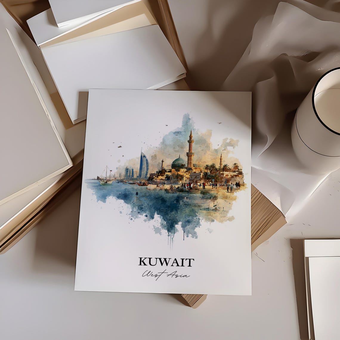 Kuwait West Asia Watercolor Coastal City Harbor Skyline Travel Poster - Image 2