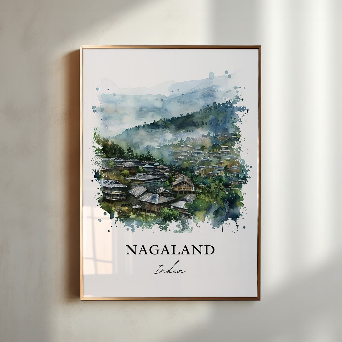 Nagaland India Tribal Misty Hill Village Watercolor Travel Poster