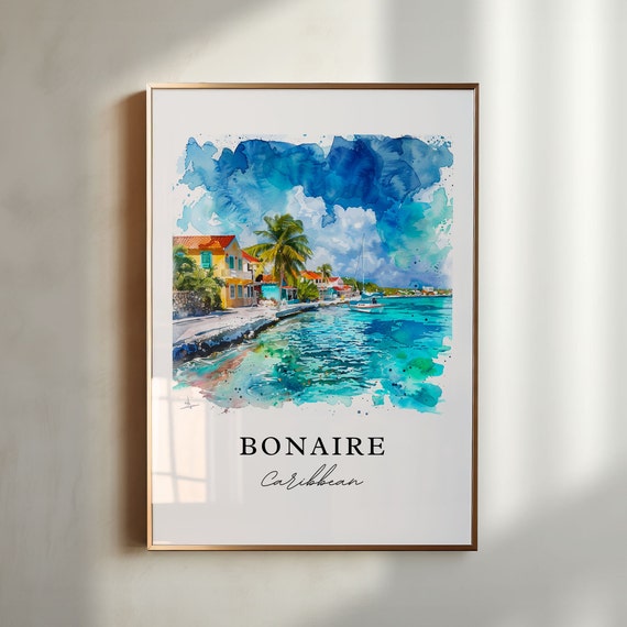 Bonaire Caribbean Wall Art Print Watercolor Gift Travel Poster Housewarming