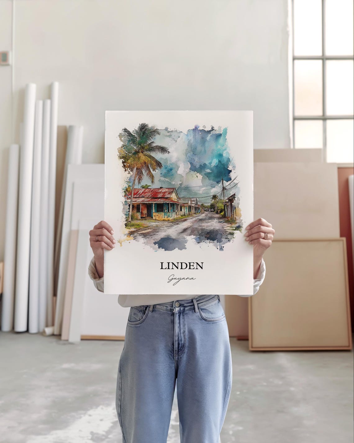 Linden Guyana Watercolor Tropical Street Palm Houses Scene Poster - Image 4