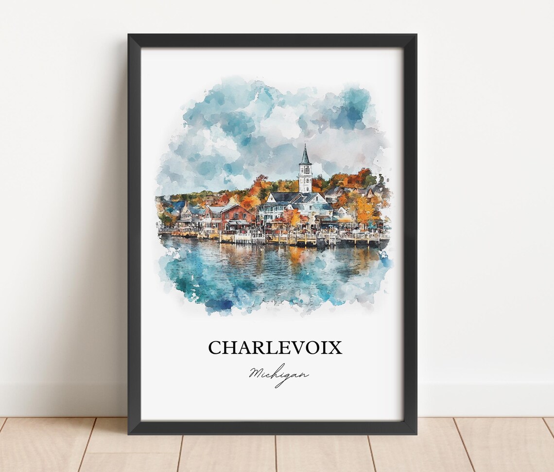 Charlevoix Michigan Harbor Town Autumn Watercolor Coastal Poster - Image 3