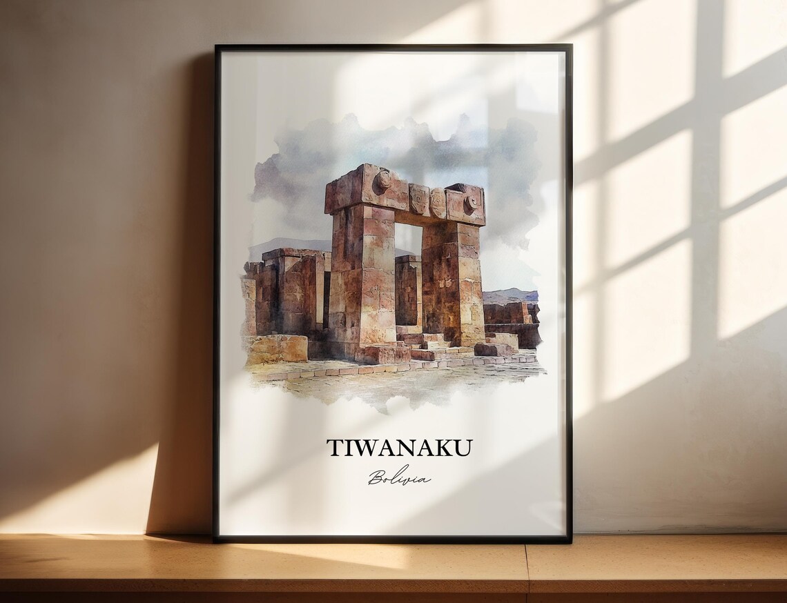 Tiwanaku Bolivia Ancient Ruins Gate of the Sun Watercolor Art Poster