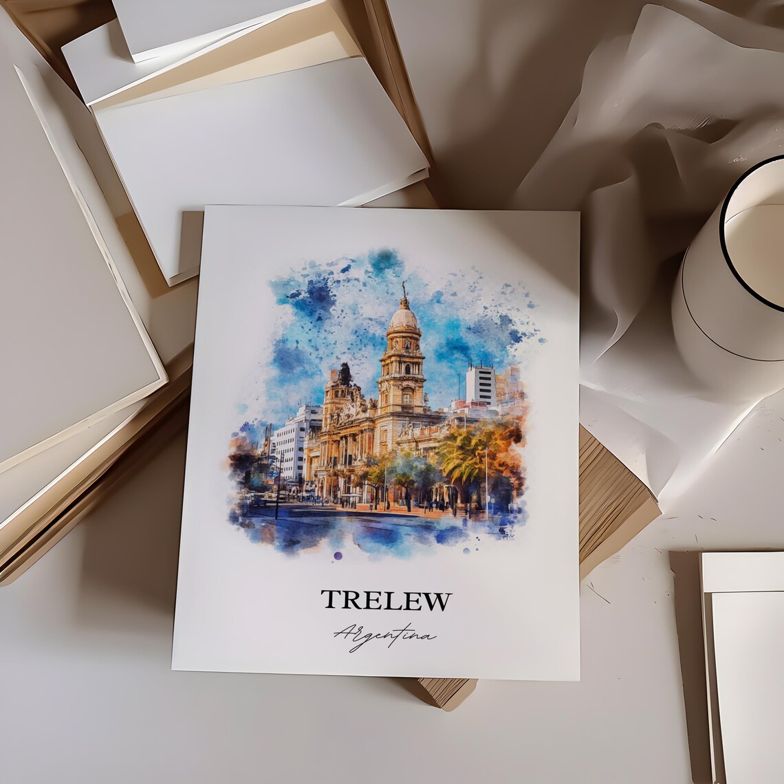Trelew Argentina Historic City Hall Watercolor Street Scene Poster - Image 6