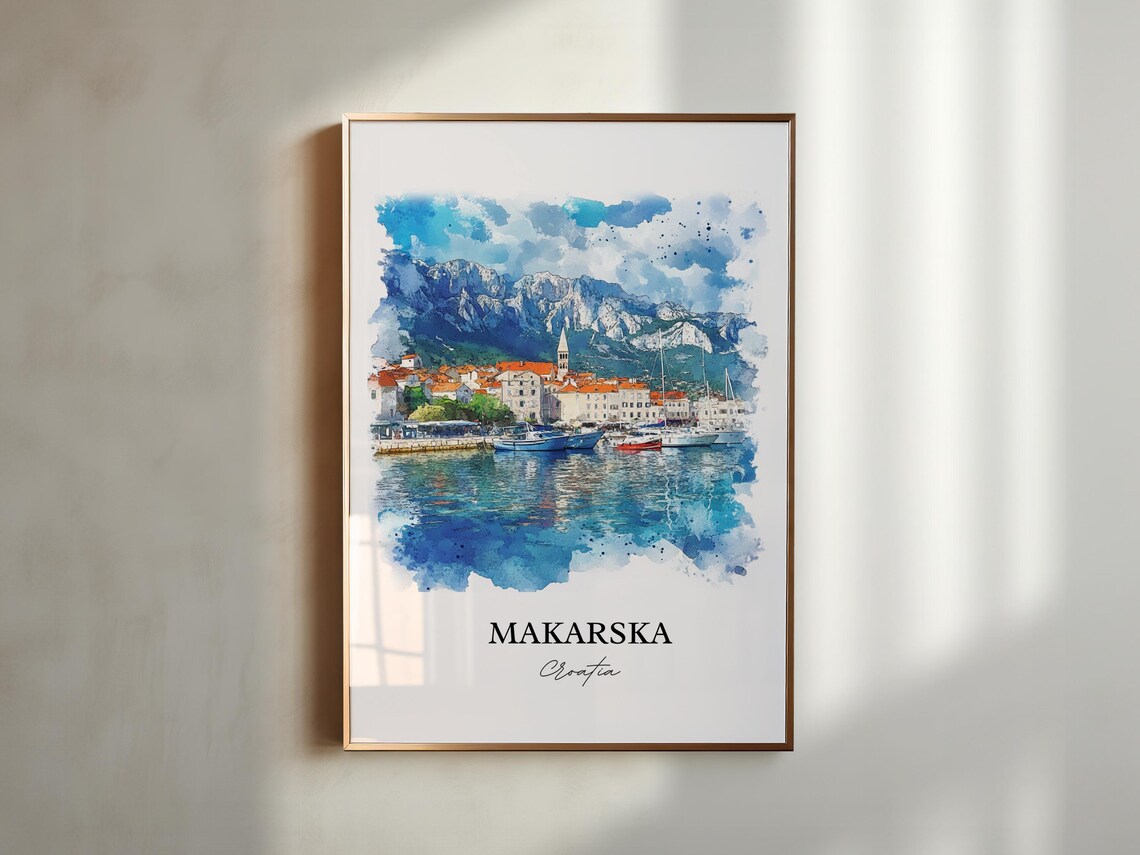 Makarska Croatia Harbor and Mountain Coastline Watercolor Poster - Image 3