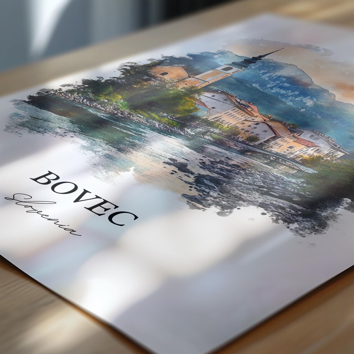 Bovec Slovenia Alpine Riverside Town Watercolor Skyline Travel Poster - Image 6
