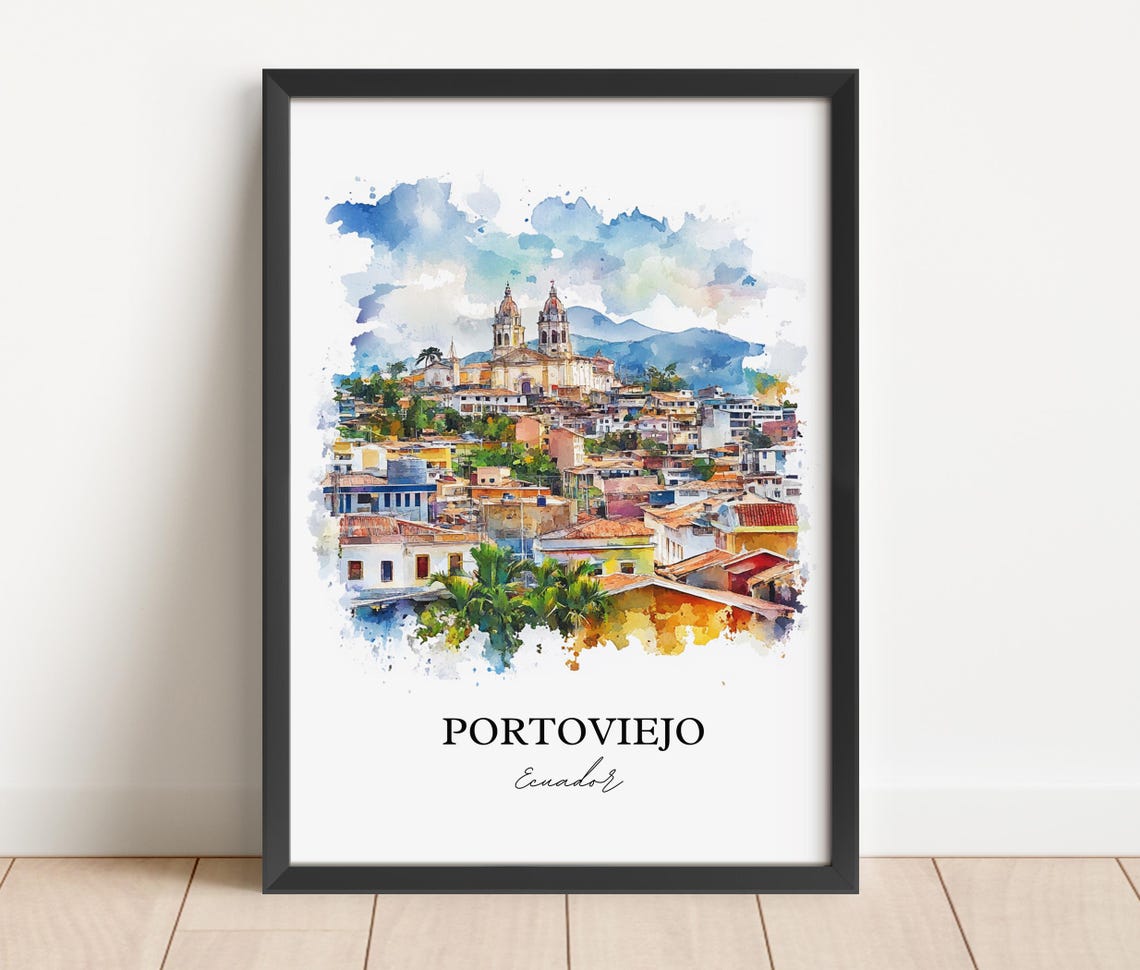 Portoviejo Ecuador Hilltop Town Cathedral Towers Watercolor Poster - Image 4